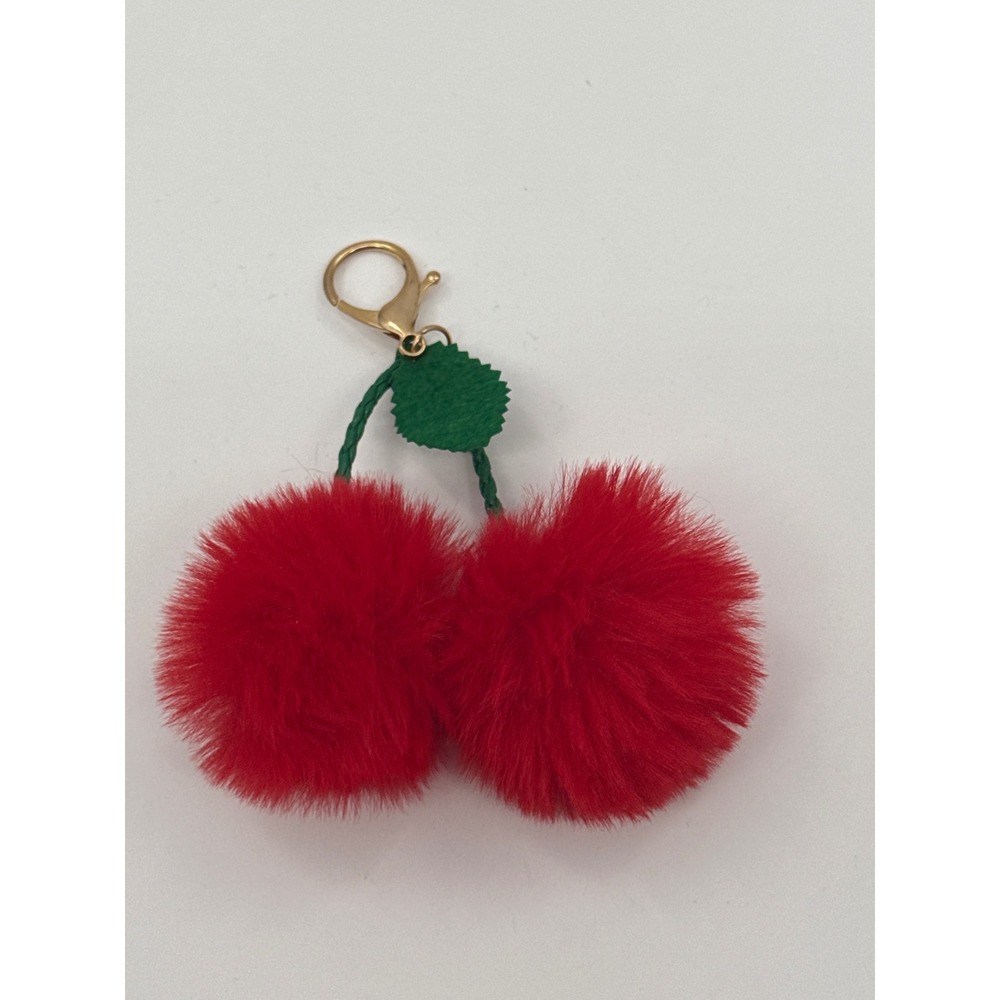 Red Faux Fur Cherry Pom Pom Keychain Bag Charm Gold Tone Clasp Accessory
